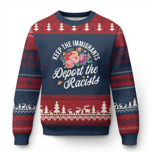 Funny Keep The Immigrants Deport The Racists Ugly Christmas Sweater Floral Butterfly TS11 Navy Red Print Your Wear
