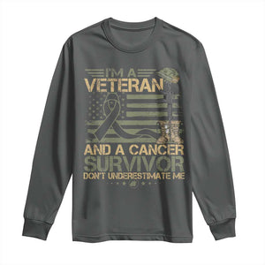 I Am A Veteran And A Cancer Survivor Don't Underestimate Me Long Sleeve Shirt Vintage Camo American Flag TS11 Dark Heather Print Your Wear