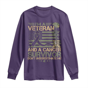 I Am A Veteran And A Cancer Survivor Don't Underestimate Me Long Sleeve Shirt Vintage Camo American Flag TS11 Purple Print Your Wear