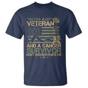I Am A Veteran And A Cancer Survivor T Shirt - Don't Underestimate Me Vintage Camo American Flag TS11 Navy Print Your Wear