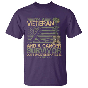 I Am A Veteran And A Cancer Survivor T Shirt - Don't Underestimate Me Vintage Camo American Flag TS11 Purple Print Your Wear