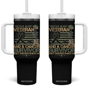 I Am A Veteran And A Cancer Survivor Don't Underestimate Me Tumbler With Handle Vintage Camo American Flag TS11 One Size: 40 oz Black Print Your Wear