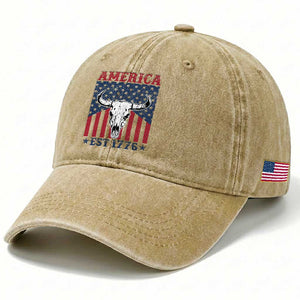 Funny 4th Of July Western Washed Cotton Baseball Cap America EST 1776 Long Horn Skull TS11 Print Your Wear