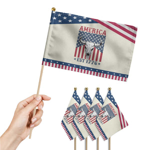Funny 4th Of July Western Patriotic Handheld Flag America EST 1776 Long Horn Skull TS11 Print Your Wear