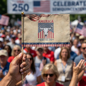 Funny 4th Of July Western Patriotic Handheld Flag America EST 1776 Long Horn Skull TS11 Vintage 8.2" × 5.5" Rustic Tan Navy Print Your Wear