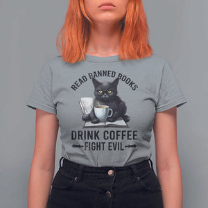 Funny Reading Cat T Shirt For Women Read Banned Books Drink Coffee Fight Evil BookWorm TS11 Sport Gray Print Your Wear