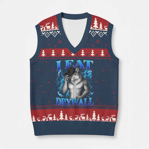 I Eat Drywall Funny Alpha Wolf V-Neck Knit Sweater Vest Stupid Brainrot Meme Edging Werewolf Boootleg Graphic