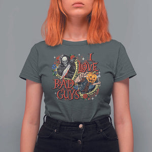 Funny Halloween T Shirt For Women I Love Bad Guys Scary Murderer Horror Skeleton Pumpkin Heart Rose TS11 Dark Heather Print Your Wear
