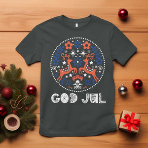 Yule God Jul T Shirt Folk Art Scandinavian Reindeers TS11 Dark Heather Print Your Wear