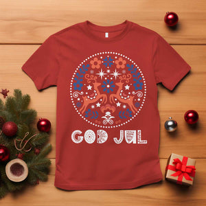 Yule God Jul T Shirt Folk Art Scandinavian Reindeers TS11 Red Print Your Wear