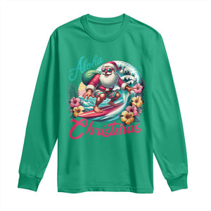Christmas In Hawaii Long Sleeve Shirt Aloha Christmas Santa Surfing Hibiscus Flower TS11 Irish Green Print Your Wear