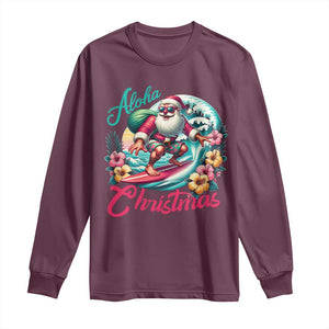 Christmas In Hawaii Long Sleeve Shirt Aloha Christmas Santa Surfing Hibiscus Flower TS11 Maroon Print Your Wear
