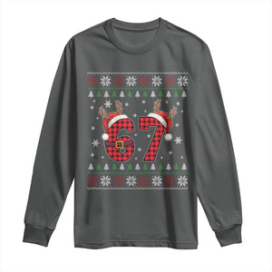Funny 67 Six Seven Meme Brainrot Cringe Christmas Plaid Graphic Long Sleeve Shirt TS11 Dark Heather Print Your Wear