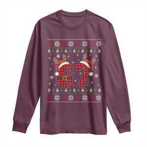 Funny 67 Six Seven Meme Brainrot Cringe Christmas Plaid Graphic Long Sleeve Shirt TS11 Maroon Print Your Wear