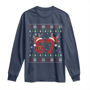 Funny 67 Six Seven Meme Brainrot Cringe Christmas Plaid Graphic Long Sleeve Shirt TS11 Navy Print Your Wear