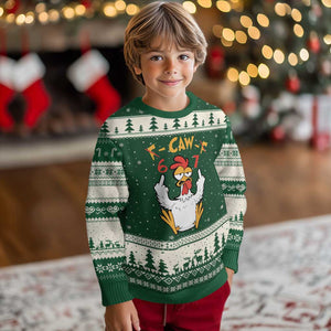 Funny F Caw F 67 Meme Ugly Christmas Sweater Cartoon Chicken Six Seven Poultry Humor TS11 Forest Green Beige Print Your Wear