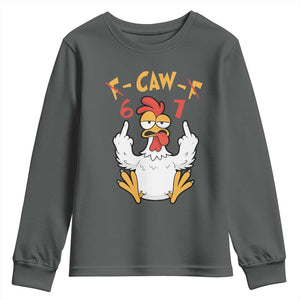 Funny F Caw F 67 Meme Youth Sweatshirt Cartoon Chicken Six Seven Poultry Humor TS11 Dark Heather Print Your Wear