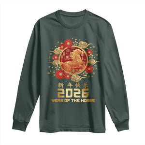 Chinese New Year 2026 Year of The Horse Long Sleeve Shirt Golden Zodiac Horse TS11 Dark Forest Green Print Your Wear