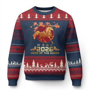 Chinese New Year 2026 Year of The Horse Ugly Christmas Sweater Cherry Blossom TS11 Navy Red Print Your Wear