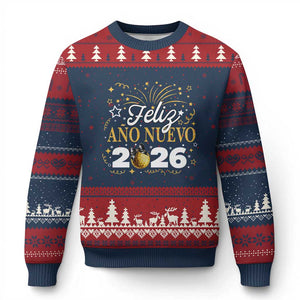 Spanish New Year 2026 Ugly Christmas Sweater Feliz Ano Nuevo NYE Party Faux Glitter Effect Printed TS11 Navy Red Print Your Wear
