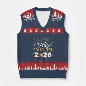 Spanish New Year 2026 V-Neck Knit Sweater Vest Feliz Ano Nuevo NYE Party Faux Glitter Effect Printed TS11 Navy Red Print Your Wear