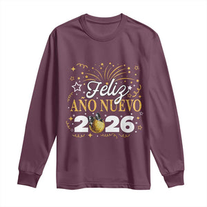 Spanish New Year 2026 Long Sleeve Shirt Feliz Ano Nuevo NYE Party Faux Glitter Effect Printed TS11 Maroon Print Your Wear