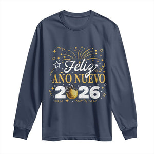 Spanish New Year 2026 Long Sleeve Shirt Feliz Ano Nuevo NYE Party Faux Glitter Effect Printed TS11 Navy Print Your Wear