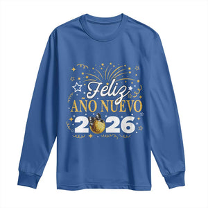 Spanish New Year 2026 Long Sleeve Shirt Feliz Ano Nuevo NYE Party Faux Glitter Effect Printed TS11 Royal Blue Print Your Wear