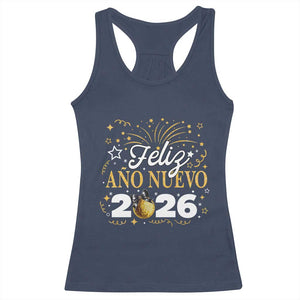 Spanish New Year 2026 Racerback Tank Top Feliz Ano Nuevo NYE Party Faux Glitter Effect Printed TS11 Navy Print Your Wear