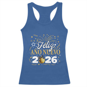 Spanish New Year 2026 Racerback Tank Top Feliz Ano Nuevo NYE Party Faux Glitter Effect Printed TS11 Royal Blue Print Your Wear