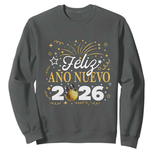 Spanish New Year 2026 Sweatshirt Feliz Ano Nuevo NYE Party Faux Glitter Effect Printed TS11 Dark Heather Print Your Wear