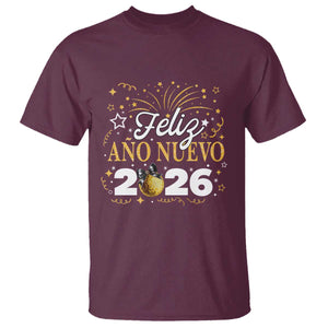 Spanish New Year 2026 T Shirt Feliz Ano Nuevo NYE Party Faux Glitter Effect Printed TS11 Maroon Print Your Wear