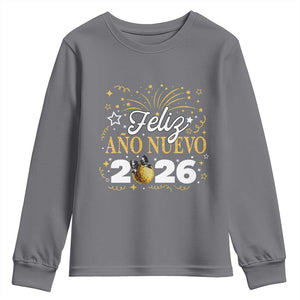 Spanish New Year 2026 Youth Sweatshirt Feliz Ano Nuevo NYE Party Faux Glitter Effect Printed TS11 Charcoal Print Your Wear