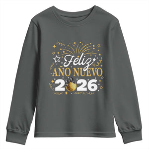 Spanish New Year 2026 Youth Sweatshirt Feliz Ano Nuevo NYE Party Faux Glitter Effect Printed TS11 Dark Heather Print Your Wear