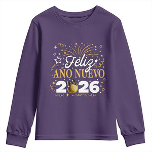 Spanish New Year 2026 Youth Sweatshirt Feliz Ano Nuevo NYE Party Faux Glitter Effect Printed TS11 Purple Print Your Wear