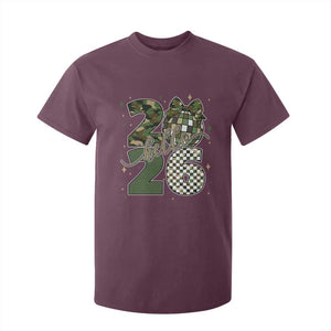Camo Happy New Year Party 2026 T Shirt For Kid Camouflage Disco Ball TS11 Maroon Print Your Wear
