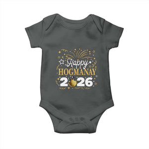 Scottish New Year 2026 Baby Onesie Happy Hogmanay NYE Party Faux Glitter Effect Printed TS11 Dark Heather Print Your Wear