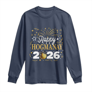 Scottish New Year 2026 Long Sleeve Shirt Happy Hogmanay NYE Party Faux Glitter Effect Printed TS11 Navy Print Your Wear
