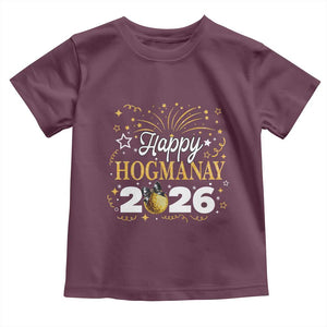 Scottish New Year 2026 Toddler T Shirt Happy Hogmanay NYE Party Faux Glitter Effect Printed TS11 Maroon Print Your Wear