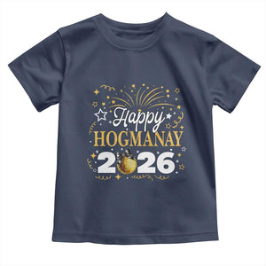 Scottish New Year 2026 Toddler T Shirt Happy Hogmanay NYE Party Faux Glitter Effect Printed TS11 Navy Print Your Wear