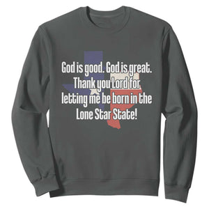 American Texan Jesus Sweatshirt God Is Good And Great Thank You Lord For Letting Me Be Born In The Lone Star State TS11 Dark Heather Print Your Wear