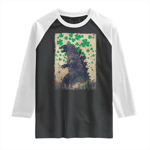 Funny St Patrick's Day Japanese Giant Monster Raglan Shirt Vintage Shamrock TS11 Black White Print Your Wear