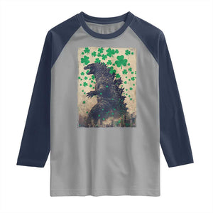Funny St Patrick's Day Japanese Giant Monster Raglan Shirt Vintage Shamrock TS11 Sport Gray Navy Print Your Wear