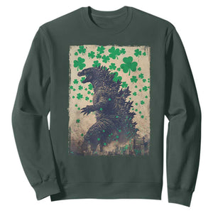 Funny St Patrick's Day Japanese Giant Monster Sweatshirt Vintage Shamrock TS11 Dark Forest Green Print Your Wear