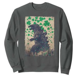 Funny St Patrick's Day Japanese Giant Monster Sweatshirt Vintage Shamrock TS11 Dark Heather Print Your Wear