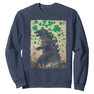 Funny St Patrick's Day Japanese Giant Monster Sweatshirt Vintage Shamrock TS11 Navy Print Your Wear