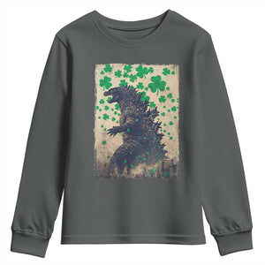 Funny St Patrick's Day Japanese Giant Monster Youth Sweatshirt Vintage Shamrock TS11 Dark Heather Print Your Wear