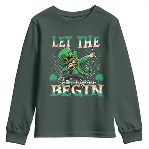 Funny Let The Shenanigans Begin Youth Sweatshirt Dabbing Leprechaun St Patrick's Day TS11 Dark Forest Green Print Your Wear