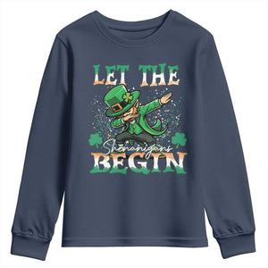 Funny Let The Shenanigans Begin Youth Sweatshirt Dabbing Leprechaun St Patrick's Day TS11 Navy Print Your Wear
