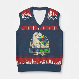 Funny Autism Awareness Dinosaur V-Neck Knit Sweater Vest Autismsaurus Puzzle Pieces TS11 Navy Red Print Your Wear